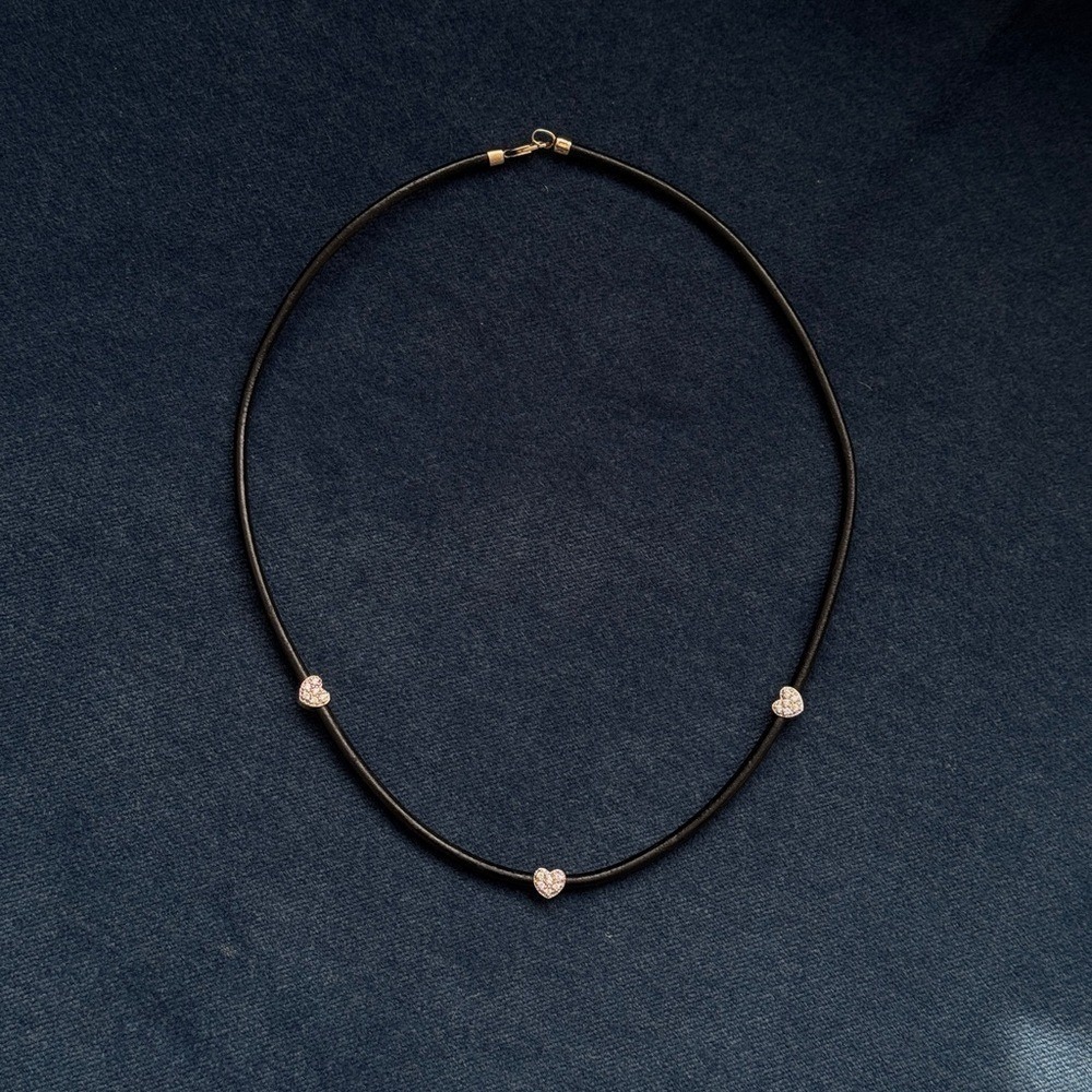 14K YELLOW GOLD HEART DQCZ LEATHER ROPE COLLAR DESIGNER WOMENS NECKLACE 18"